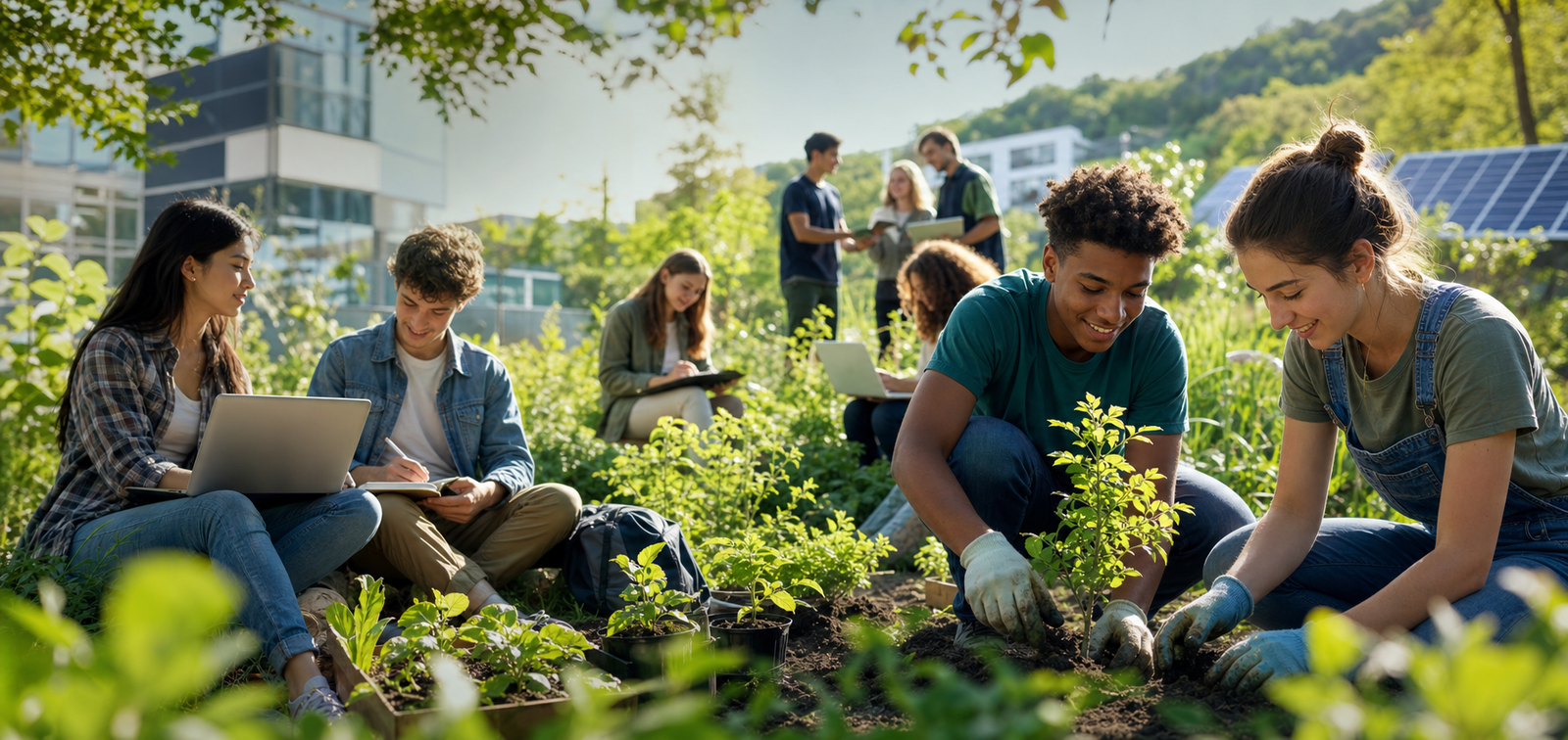 Students restoring a green campus garden
