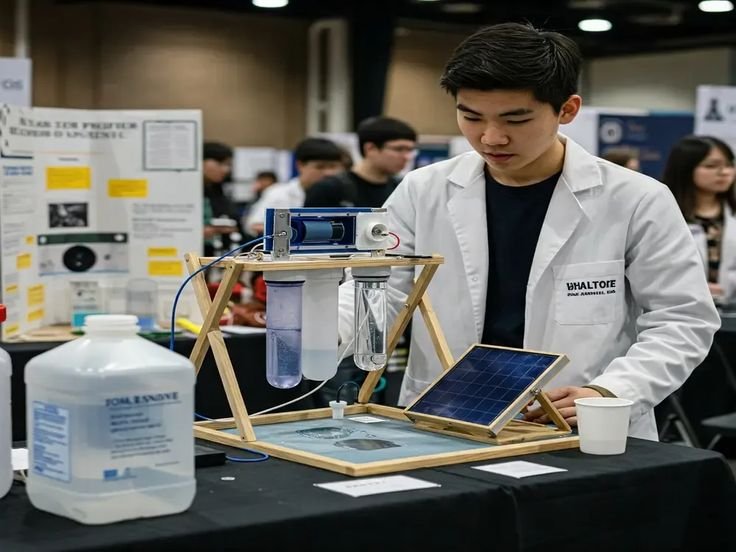 High school student presenting a scientific water conservation project at the Stockholm Junior Water Prize