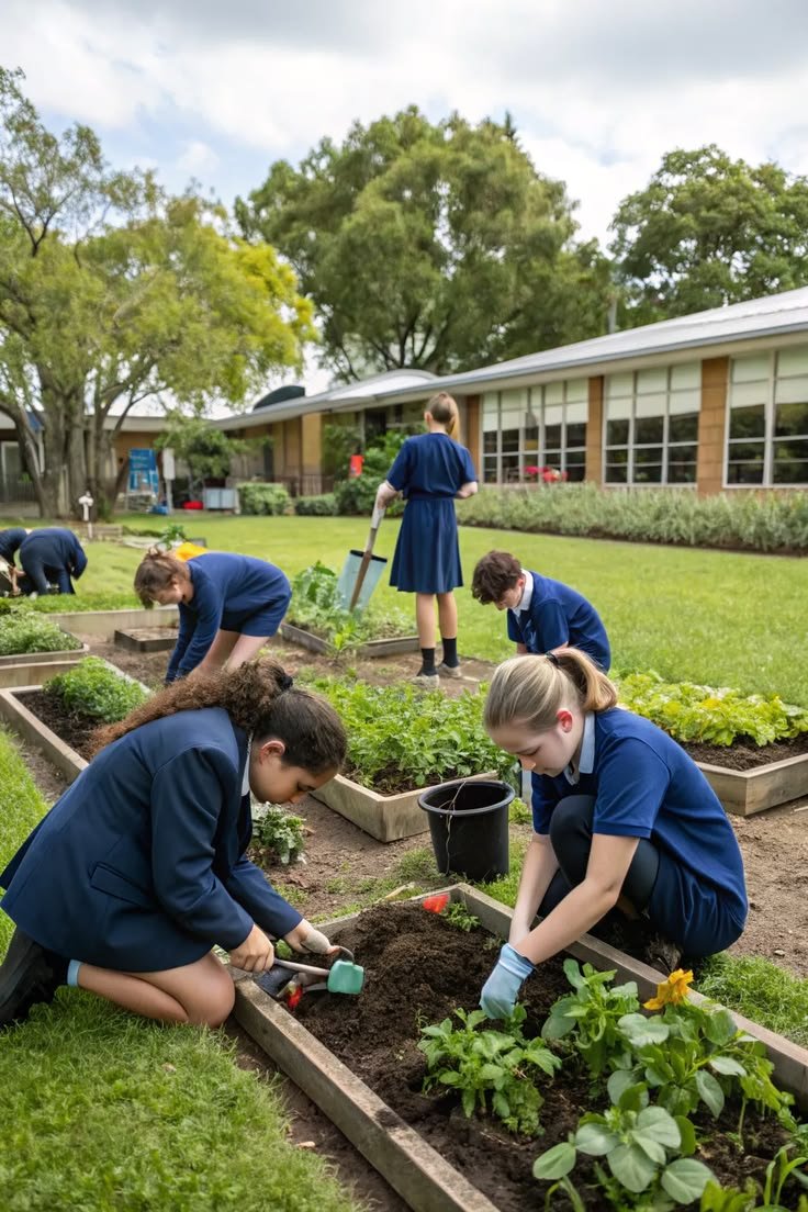 High school students conducting an environmental audit and planting a garden on school grounds