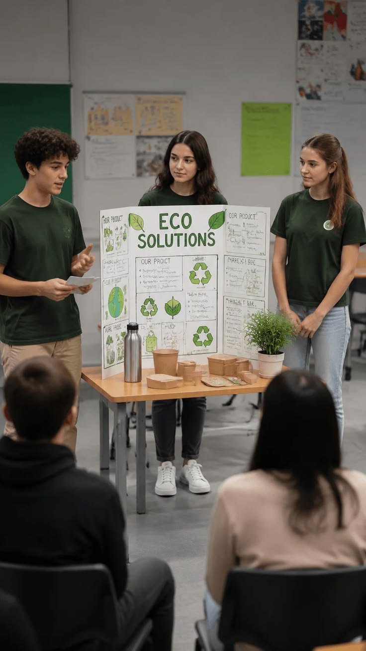 Young climate innovator presenting a community environmental solution during a design workshop