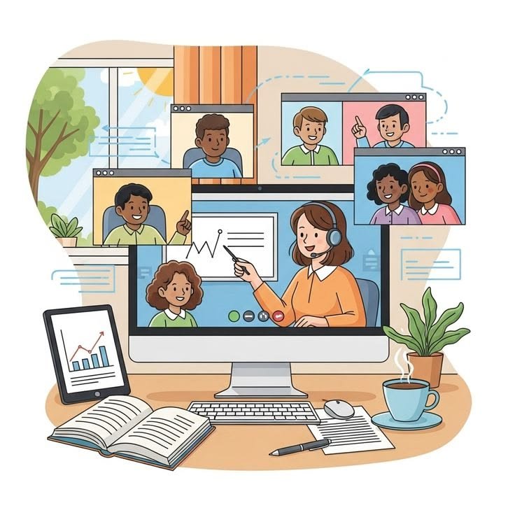 High school students collaborating virtually on a digital leadership and community project